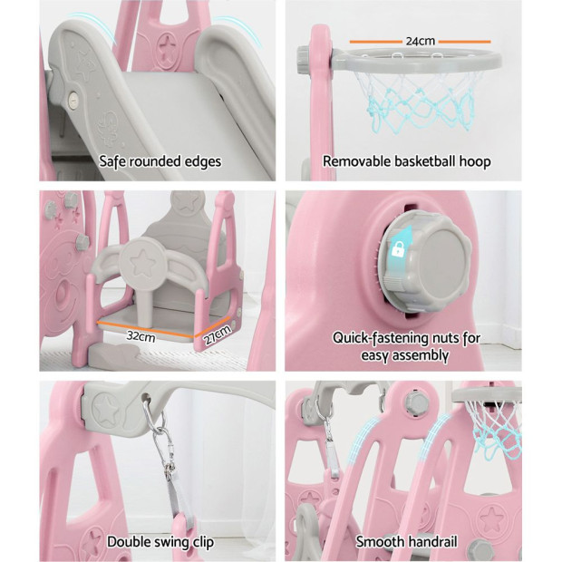 Kids Slide 170cm Swing Basketball Hoop Toddlers Playset Pink Image 6