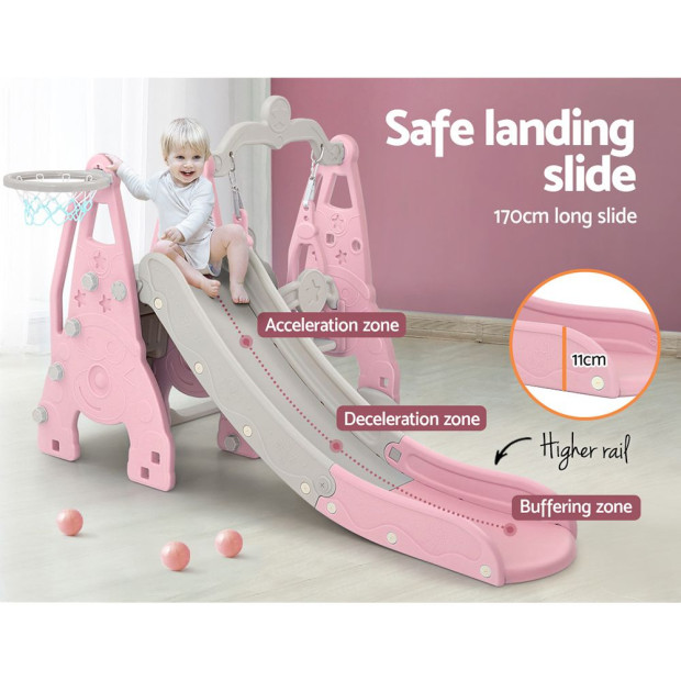 Kids Slide 170cm Swing Basketball Hoop Toddlers Playset Pink Image 7