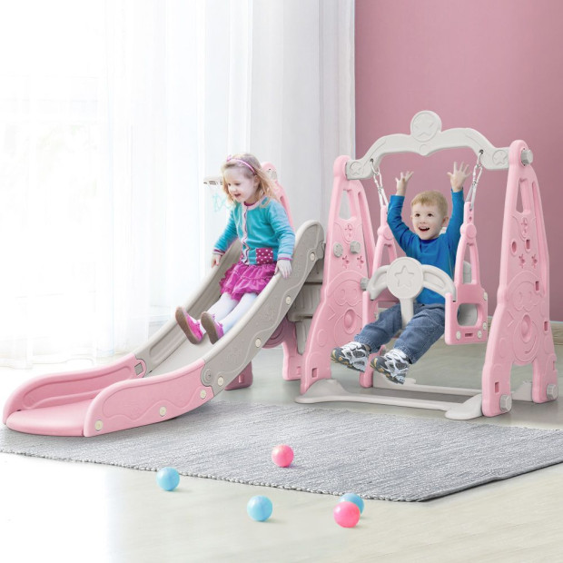 Kids Slide 170cm Swing Basketball Hoop Toddlers Playset Pink Image 8