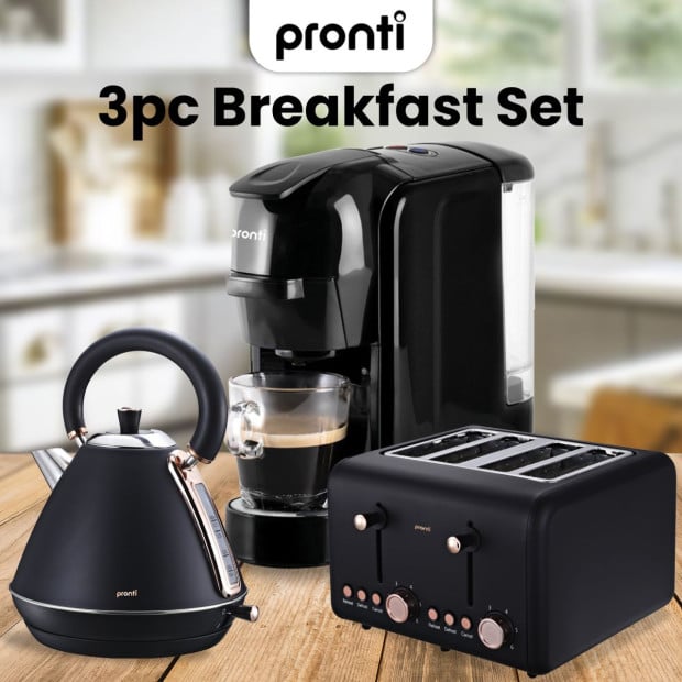 Pronti 3-in-1 Black Breakfast Set Kettle, 4-Slice Toaster and Pronti HomeMaid Coffee Machine Appliance Combo