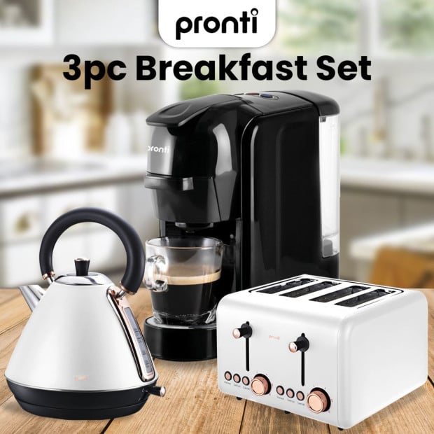 Pronti 3-in-1 White Breakfast Set Kettle, 4-Slice Toaster and Pronti HomeMaid Coffee Machine Appliance Combo