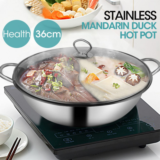36cm Stainless Steel Mandarin Duck Hot Pot Induction Cookware w/ Lid Image 2