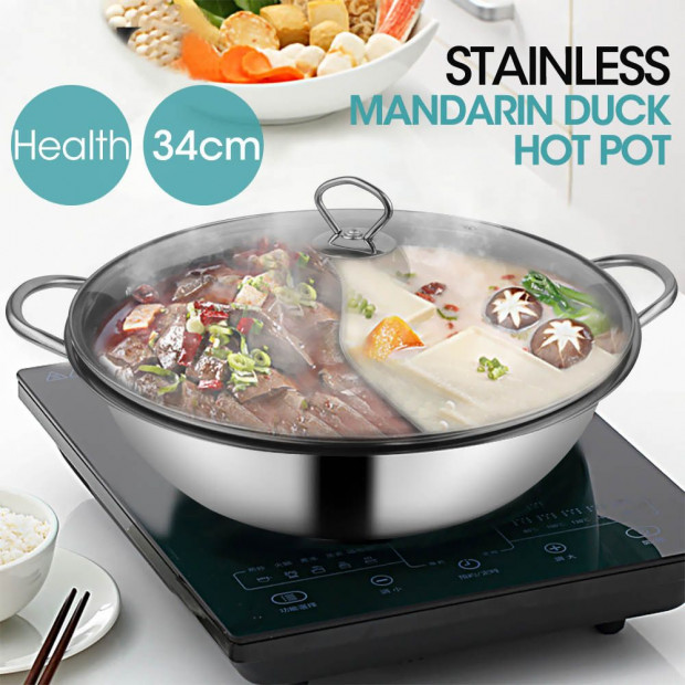 34cm Stainless Steel Mandarin Duck Hot Pot Induction Cooker w/ Lid Image 2