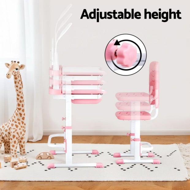 Kids Table And Chair Set Adjustable Study Desk W/ Led Lamp Reading Pink Image 4