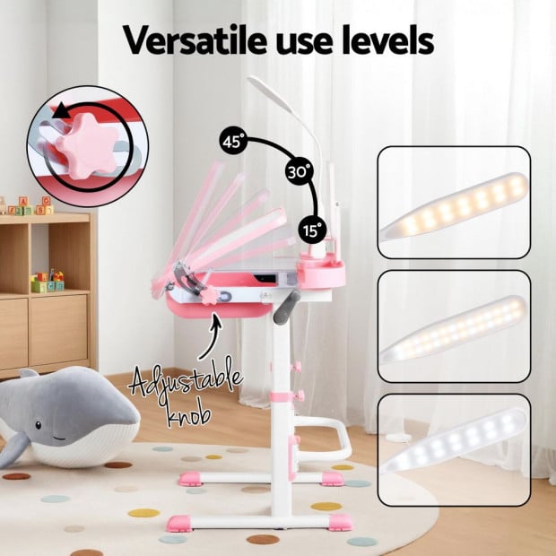 Kids Table And Chair Set Adjustable Study Desk W/ Led Lamp Reading Pink Image 5