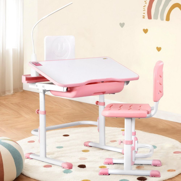 Kids Table And Chair Set Adjustable Study Desk W/ Led Lamp Reading Pink Image 7
