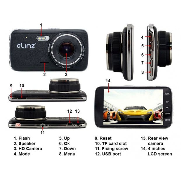Elinz 4.0in Lcd Dash Cam Dual Camera Reversing Car 1296p Fhd Image 6