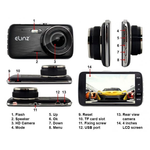 Elinz 4.0in Lcd Car Dash Cam Dual Camera Reversing 1296p Fhd Dvr Image 7