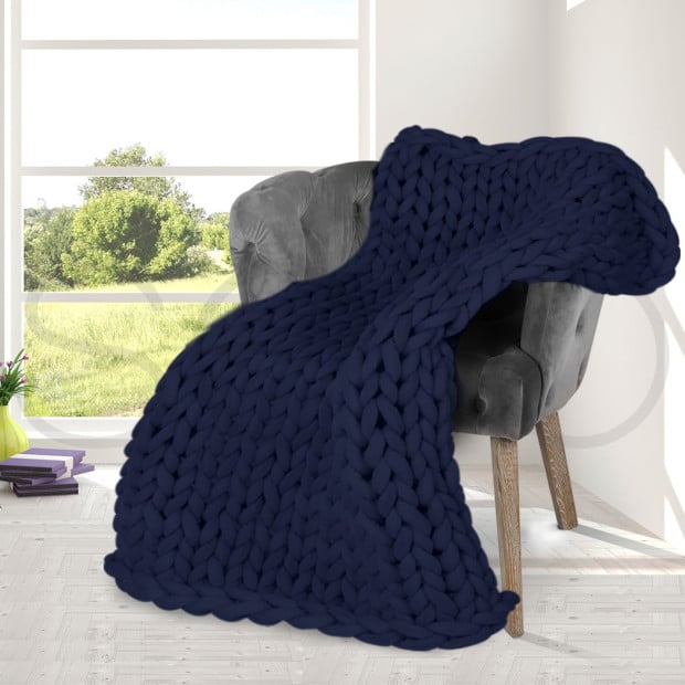 Knitted Weighted Blanket Chunky Bulky Knit Throw Blanket 3KG Navy Blue Image 7