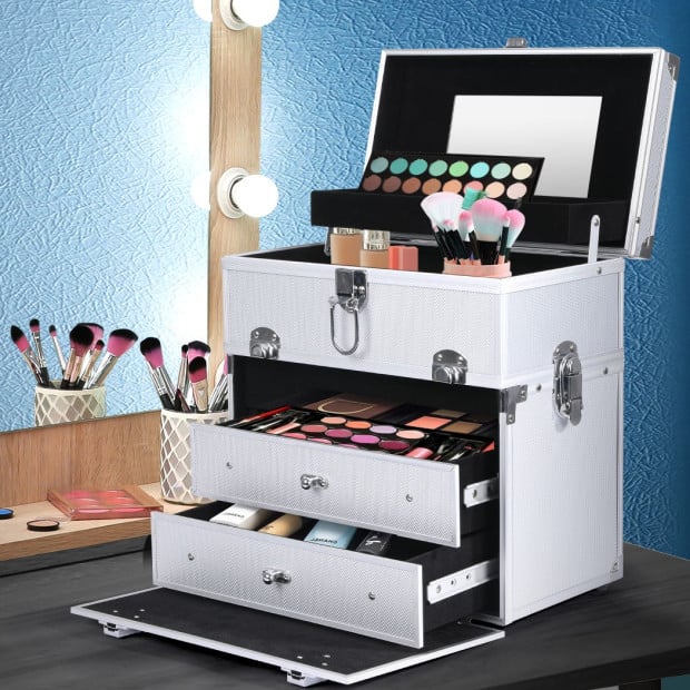 Portable MakeupCase Organiser Box Beauty Travel Suitcase 5 in 1 Silver Image 7