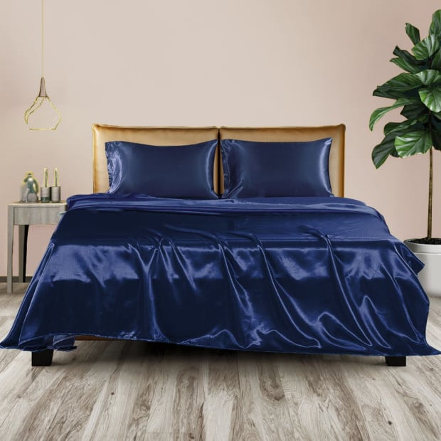 Silky Satin Sheets Fitted Flat Bed Sheet Pillowcases Summer King Blue Image 7