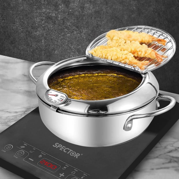 20cm Japanese Deep Frying Pot Stainless Steel Tempura Fryer Silver Image 7