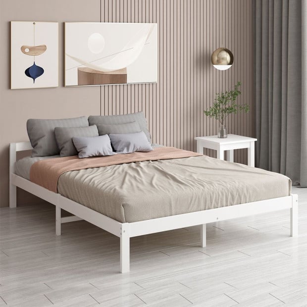 Wooden Bed Frame Queen Size Mattress Base Solid Timber Pine Wood White Image 7