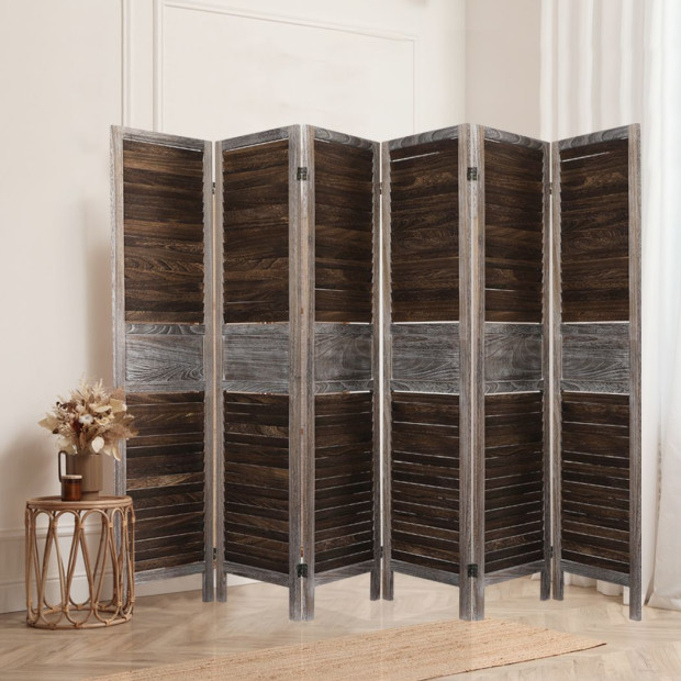 6 Panel Room Divider Folding Screen Privacy Dividers Stand Paulownia Wood Brown Image 7