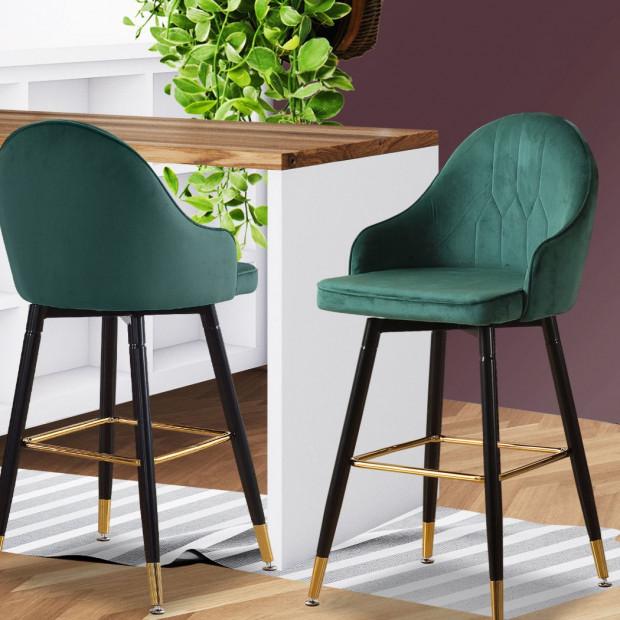 2x Bar Stools Stool Kitchen Chairs Swivel Velvet Barstools Green Image 7