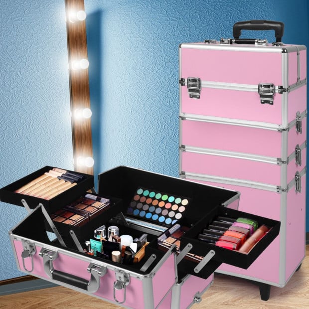Makeup Case Professional Makeup Organiser 7 in 1 Trolley Silver Pink Image 7