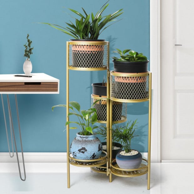 6 Tier Plant Stand Swivel  Metal Stands Flower Shelf Gold Garden Image 7