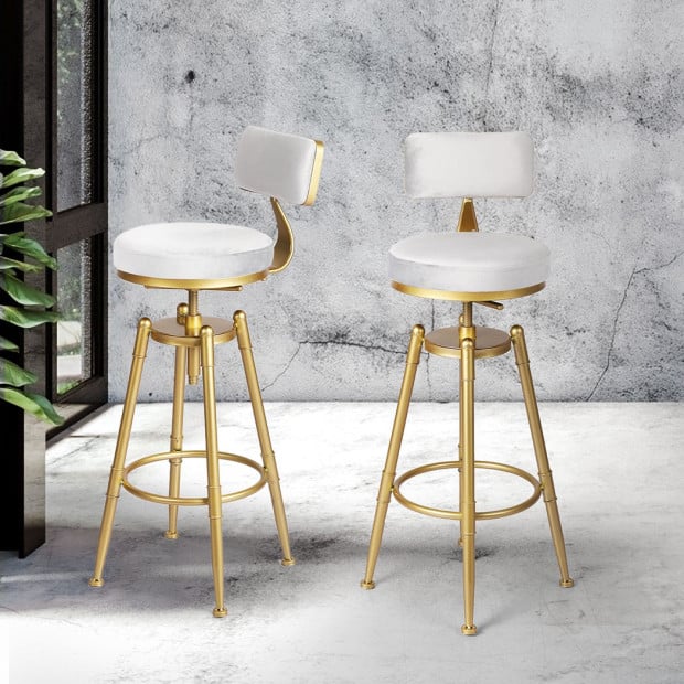 1x Bar Stools Kitchen Stool Chair Swivel Barstools Golden Frame with White Velvet Padded Seat Image 7