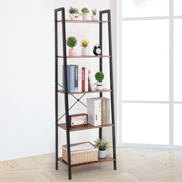 5 Tier Bookshelf Industrial Ladder Shelf Wooden Storage Display Rack Image 7