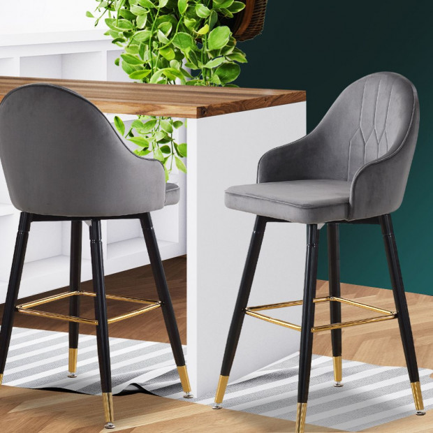 2x Bar Stools Stool Kitchen Chairs Swivel Velvet Barstools Grey Image 7