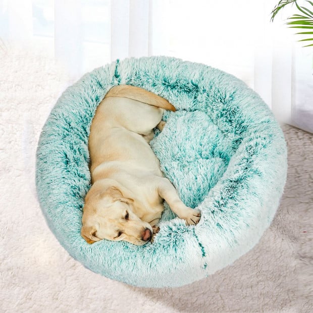 Pet Bed Cat Dog Donut Nest Calming Mat Soft Plush Kennel Teal L Image 7
