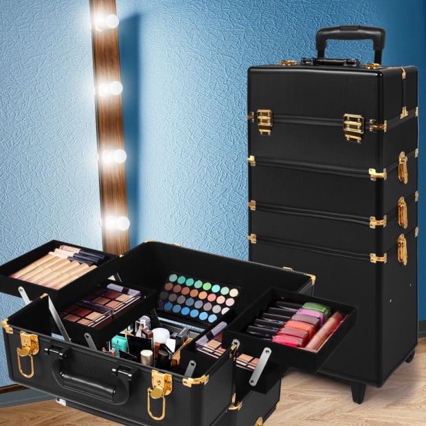 Makeup Case Professional Makeup Organiser 7 in 1 Trolley Black Gold Image 7