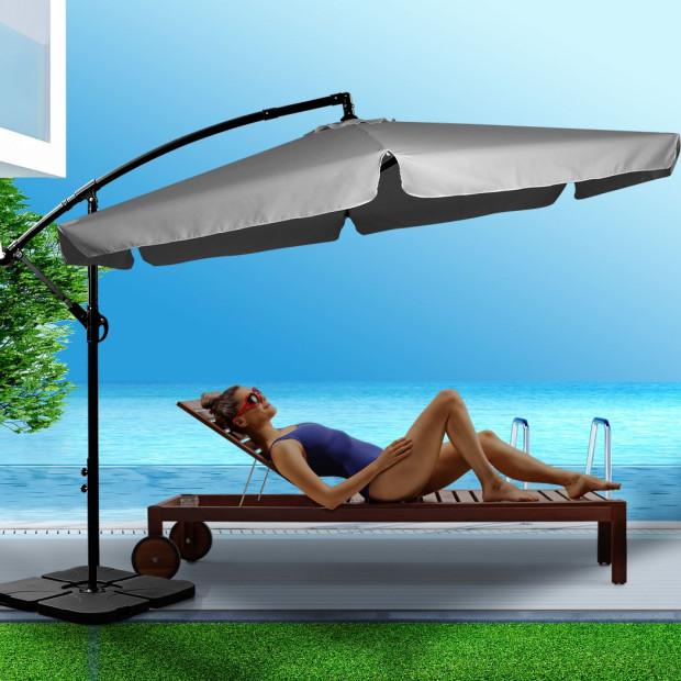 3M Patio Outdoor Umbrella Cantilever Grey With Base Stand Image 7