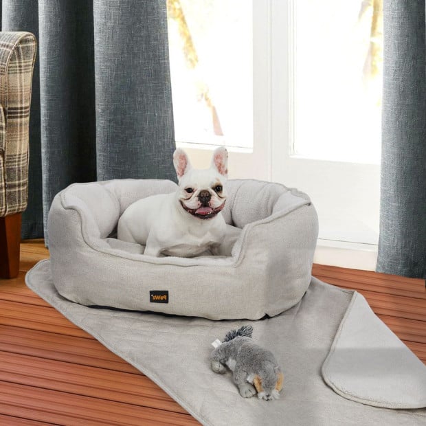 Pet Bed Set Dog Cat Quilted Blanket w/ Toy Warm Soft Nest Beige L Image 7