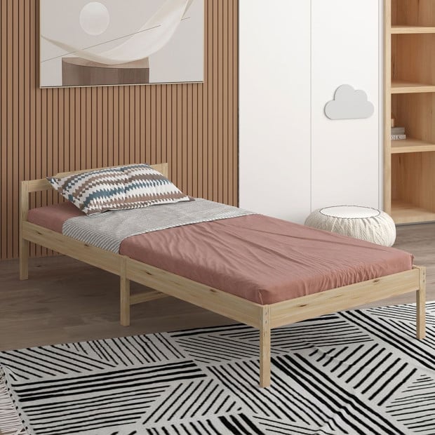 Wooden Bed Frame Single Size Base Solid Timber Pine Wood Natural Image 7