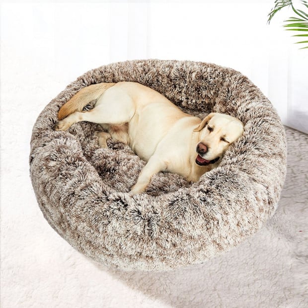 Pet Bed Cat Dog Donut Nest Calming Mat Soft Plush Kennel Coffee M Image 7
