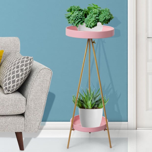 Plant Stand 2 Tiers Outdoor Indoor Metal Flower Pots Rack Garden Pink Image 7