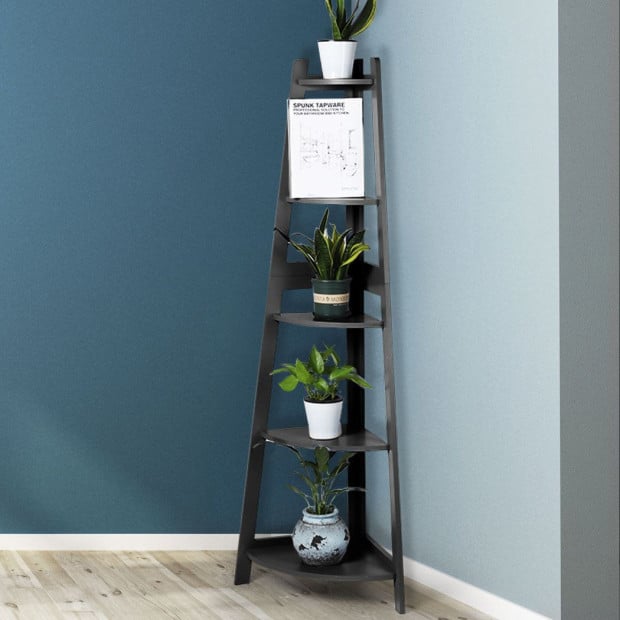 5 Tier Corner Shelf Wooden Storage Home Display Rack Plant Stand Black Image 7