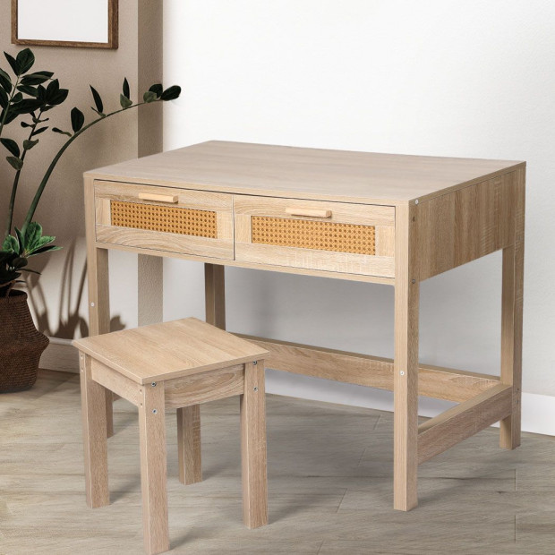 Table Set Rattan Wood Dressing Bedroom Desk Stool Home Office Desks Image 7