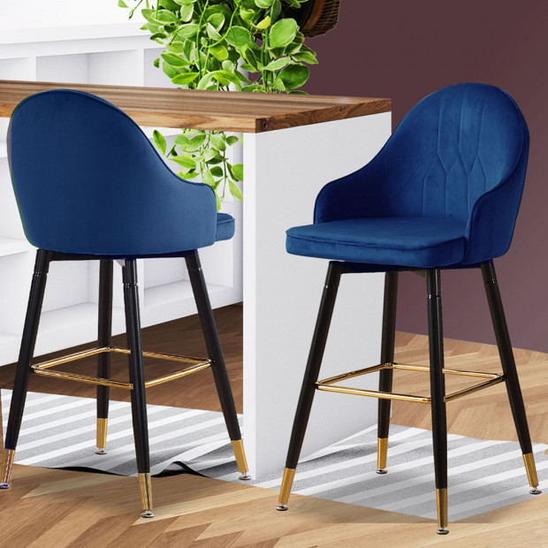 2x Bar Stools Stool Kitchen Chairs Swivel Velvet Barstools Blue Image 7