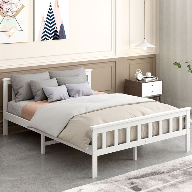 Wooden Bed Frame Queen Size Mattress Base White Image 7