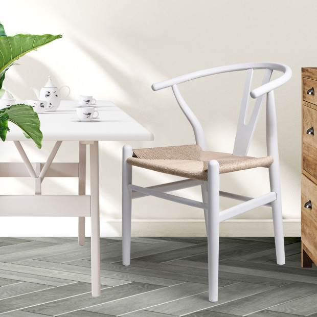 Set of 2 Dining Chairs Rattan Seat Side Wood Furniture White Image 7