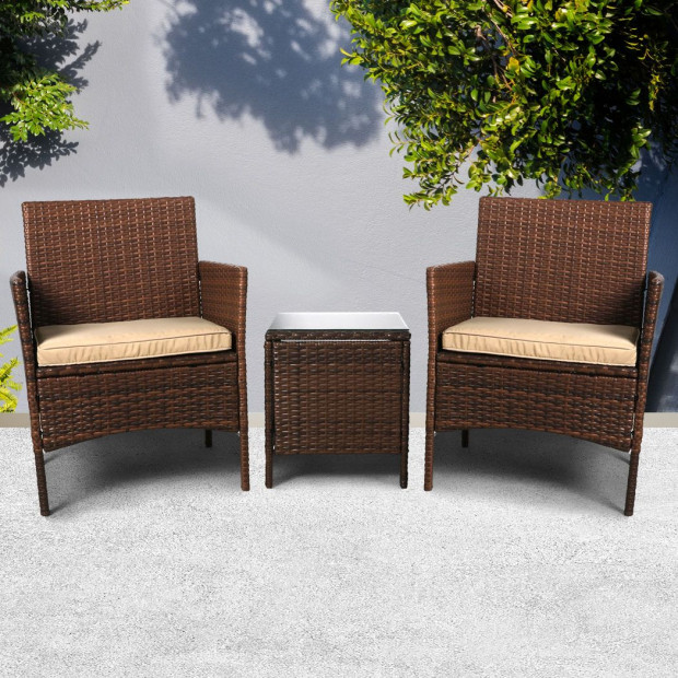 Outdoor Furniture Garden 3 Pcs Chair Table Rattan Wicker Seat Brown Image 7