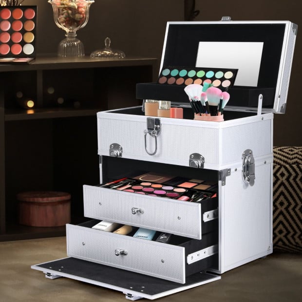 Portable MakeupCase Organiser Box Beauty Travel Suitcase 5 in 1 Silver Image 8