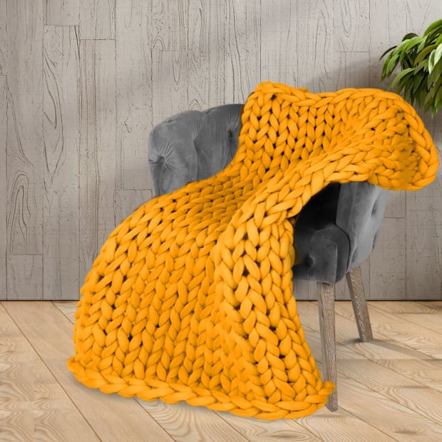 Knitted Weighted Blanket Chunky Bulky Knit Throw Blanket 3KG Yellow Image 8