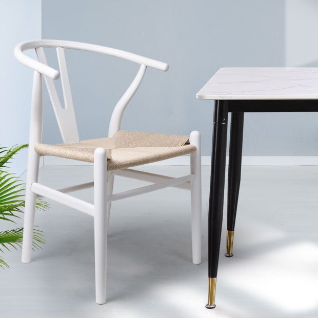Set of 2 Dining Chairs Rattan Seat Side Wood Furniture White Image 8