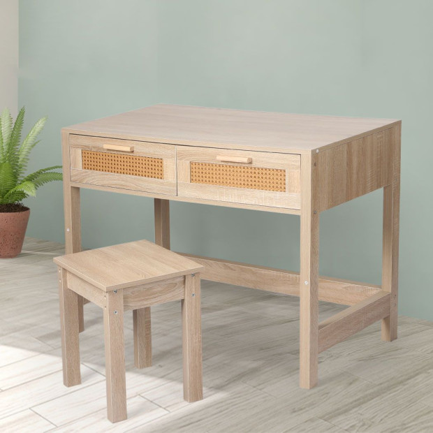 Table Set Rattan Wood Dressing Bedroom Desk Stool Home Office Desks Image 8