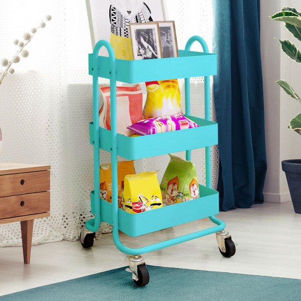 3 Tiers Kitchen Trolley Cart Steel Rack Shelf Organiser Wheels Blue Image 7