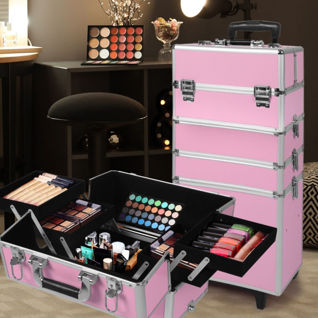 Makeup Case Professional Makeup Organiser 7 in 1 Trolley Silver Pink Image 8
