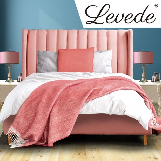 Bed Frame Velvet Base Bedhead Headboard Queen Wooden Platform Pink Image 8
