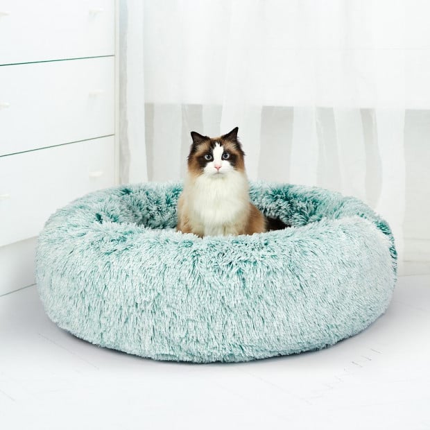 Pet Bed Cat Dog Donut Nest Calming Mat Soft Plush Kennel Teal L Image 8