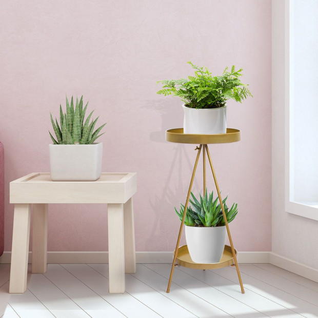 Plant Stand 2 Tiers Outdoor Indoor Metal Flower Pots Rack Garden Gold Image 8