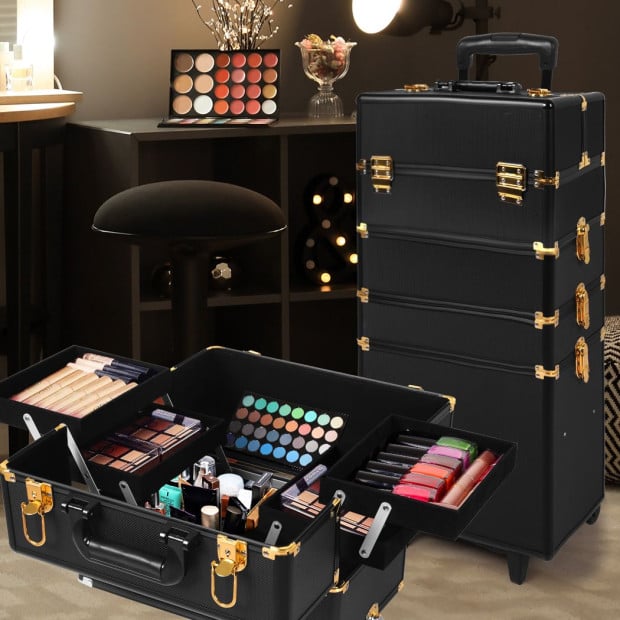 Makeup Case Professional Makeup Organiser 7 in 1 Trolley Black Gold Image 8