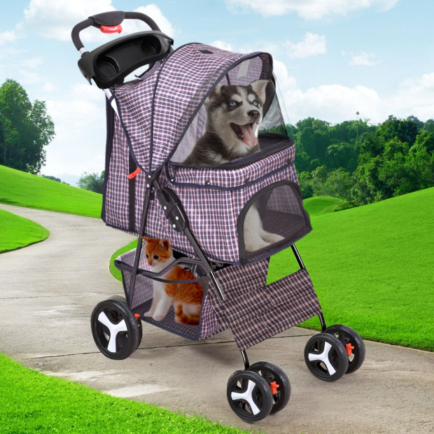 Pet Stroller 4 Wheels Dog Cage Puppy Pushchair Walk Carrier Pram Image 7