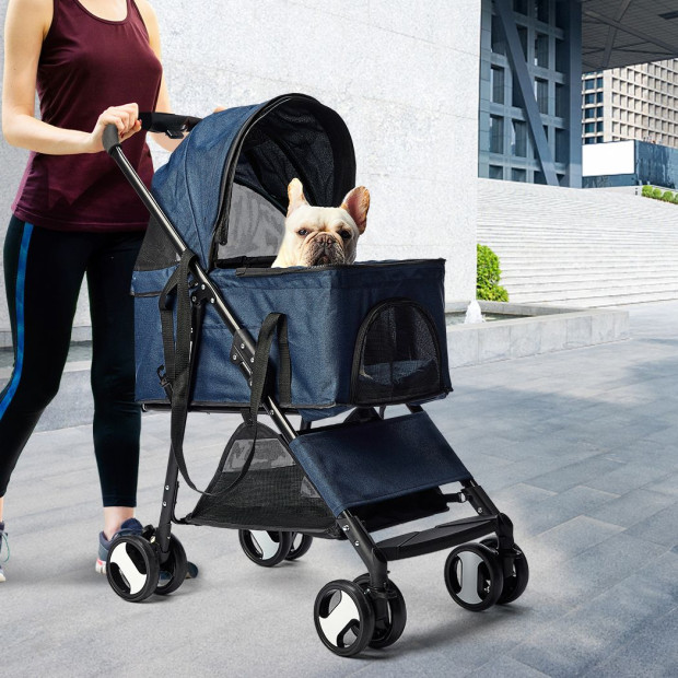 Pet Stroller Dog Pram Foldable Carrier 4 Wheels Large Pushchair Blue Image 8