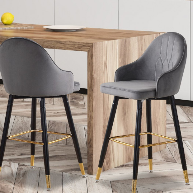 2x Bar Stools Stool Kitchen Chairs Swivel Velvet Barstools Grey Image 8